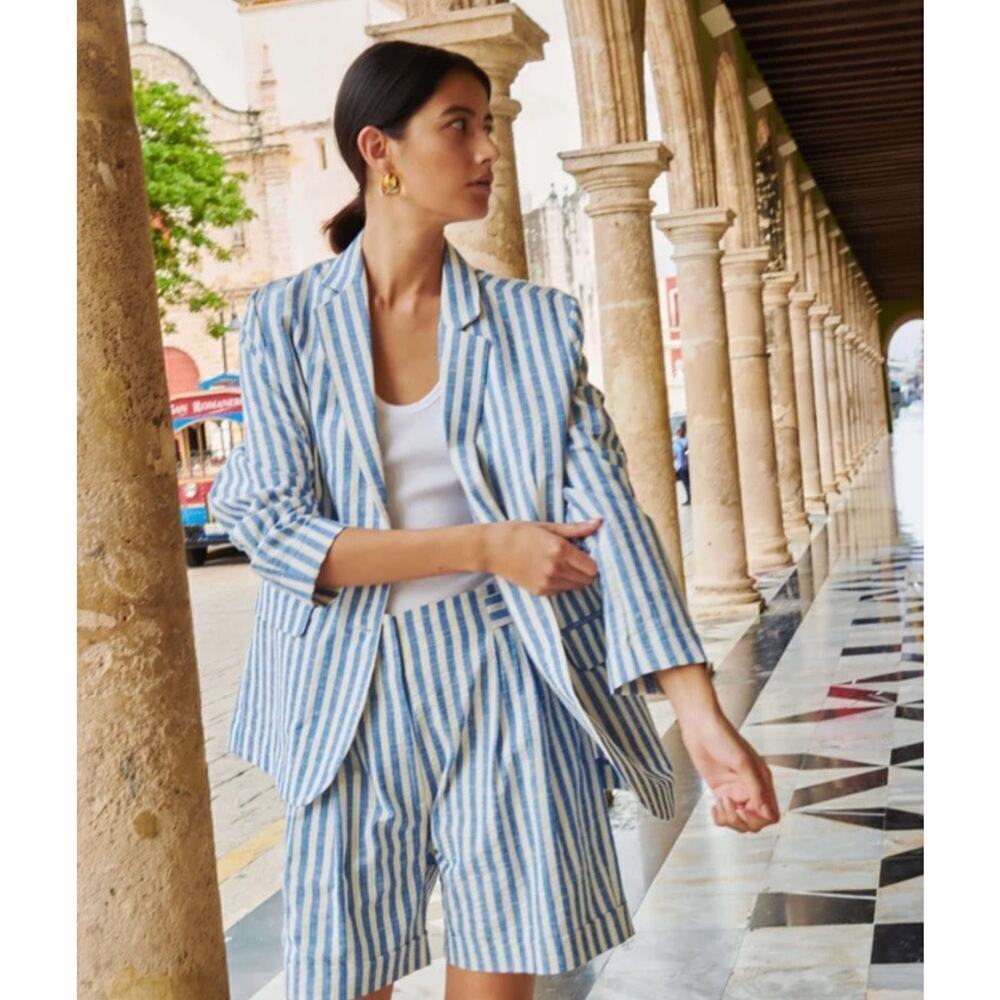 Nation LTD Beau Blazer Jacket Women Size M Striped Blue Oversized Preppy Casual